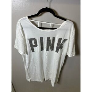 PINK Victoria's Secret White Short Sleeve Tee with Rhinestone Logo